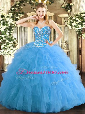 Best Selling Aqua Blue Ball Gowns Sweetheart Sleeveless Tulle Floor Length Lace Up Beading and Ruffles Sweet 16 Quinceanera Dress