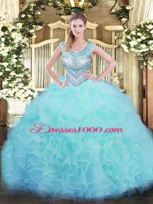 Discount Aqua Blue Sleeveless Floor Length Beading and Ruffles and Pick Ups Lace Up Ball Gown Prom Dress
