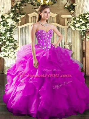 Floor Length Fuchsia 15th Birthday Dress Organza Sleeveless Embroidery and Ruffles