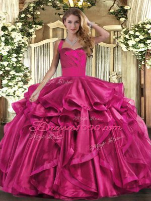 Fuchsia Ball Gowns Organza Halter Top Sleeveless Ruffles Floor Length Lace Up Quince Ball Gowns