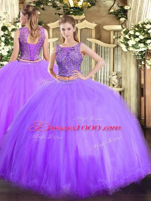 Clearance Lavender Lace Up Sweet 16 Dress Beading Sleeveless Floor Length