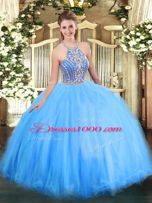 Shining Blue Tulle Lace Up 15th Birthday Dress Sleeveless Floor Length Beading