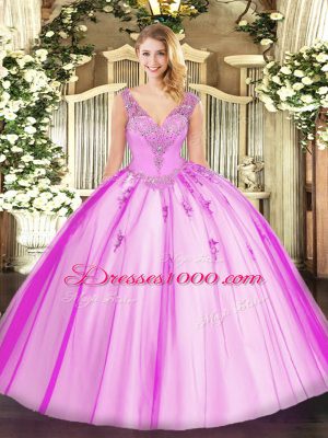 Lilac Ball Gowns Beading Quinceanera Gowns Lace Up Tulle Sleeveless Floor Length