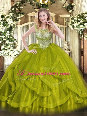 Customized Olive Green Sleeveless Floor Length Beading Lace Up 15 Quinceanera Dress