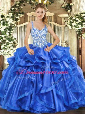 Chic Organza Straps Sleeveless Lace Up Beading and Ruffles Quinceanera Gown in Blue