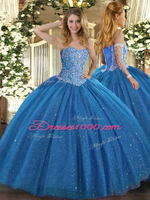 Chic Blue Tulle Lace Up Sweetheart Sleeveless Floor Length Quinceanera Dresses Beading