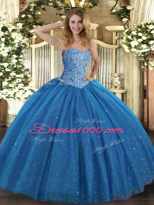 Chic Blue Tulle Lace Up Sweetheart Sleeveless Floor Length Quinceanera Dresses Beading