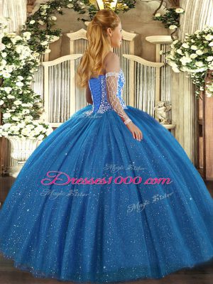 Chic Blue Tulle Lace Up Sweetheart Sleeveless Floor Length Quinceanera Dresses Beading