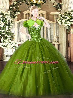 Customized Olive Green Ball Gowns Beading Sweet 16 Quinceanera Dress Lace Up Tulle Sleeveless Floor Length