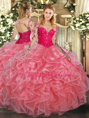 Watermelon Red Organza Lace Up Quince Ball Gowns Long Sleeves Floor Length Lace and Ruffles