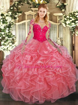 Watermelon Red Organza Lace Up Quince Ball Gowns Long Sleeves Floor Length Lace and Ruffles