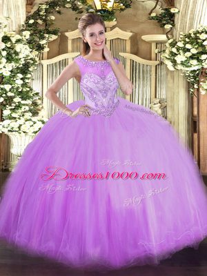 Customized Lavender Ball Gowns Tulle Scoop Sleeveless Beading Floor Length Zipper Sweet 16 Dresses
