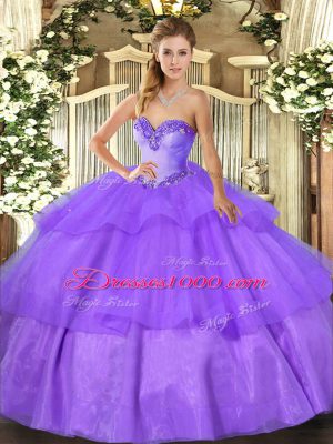 Captivating Lavender Lace Up Sweet 16 Dress Beading and Ruffled Layers Sleeveless Floor Length