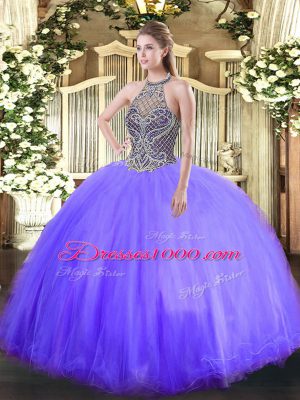Designer Ball Gowns Quinceanera Dress Lavender Halter Top Tulle Sleeveless Floor Length Lace Up