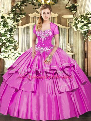 Fashion Lilac Ball Gowns Sweetheart Sleeveless Organza and Taffeta Floor Length Lace Up Beading and Ruffled Layers 15 Quinceanera Dress