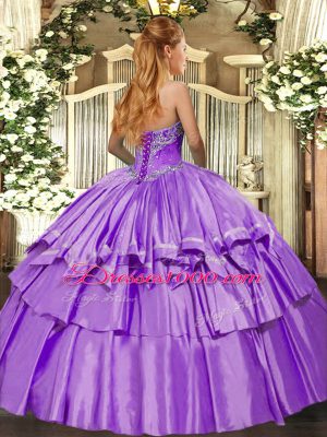 Fashion Lilac Ball Gowns Sweetheart Sleeveless Organza and Taffeta Floor Length Lace Up Beading and Ruffled Layers 15 Quinceanera Dress
