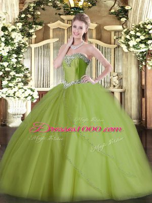 Adorable Olive Green Ball Gowns Beading 15 Quinceanera Dress Lace Up Tulle Sleeveless