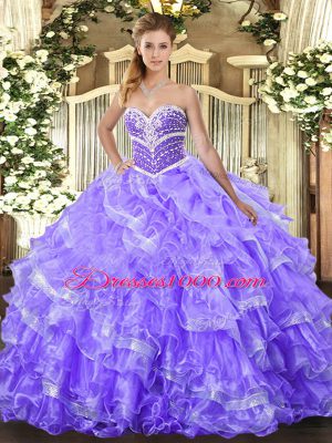 Chic Lavender Organza Lace Up Sweetheart Sleeveless Floor Length Quinceanera Gowns Beading and Ruffled Layers