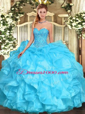 Modern Organza Sleeveless Floor Length Ball Gown Prom Dress and Beading and Ruffles