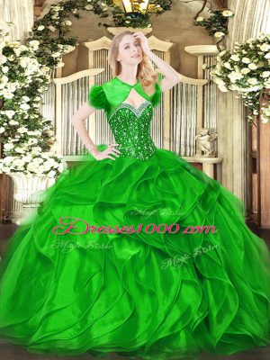 Green Organza Lace Up Sweetheart Sleeveless Floor Length Quince Ball Gowns Beading and Ruffles