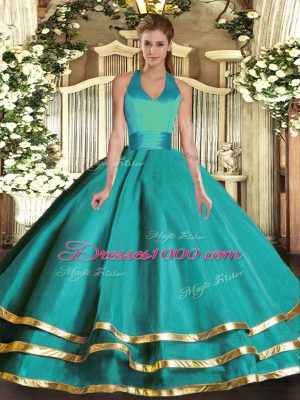 Glittering Sleeveless Tulle Floor Length Lace Up Sweet 16 Quinceanera Dress in Turquoise with Ruffled Layers