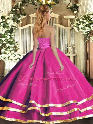 Glittering Sleeveless Tulle Floor Length Lace Up Sweet 16 Quinceanera Dress in Turquoise with Ruffled Layers