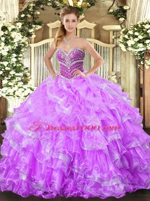 New Style Lilac Sweetheart Neckline Beading and Ruffled Layers Sweet 16 Dresses Sleeveless Lace Up