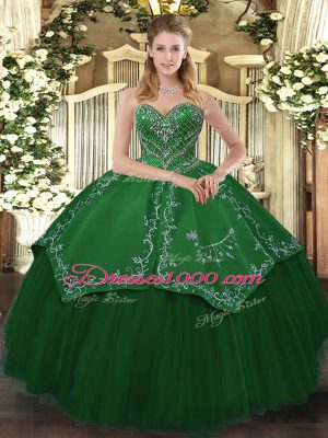 Sleeveless Floor Length Beading and Pattern Lace Up Vestidos de Quinceanera with Green