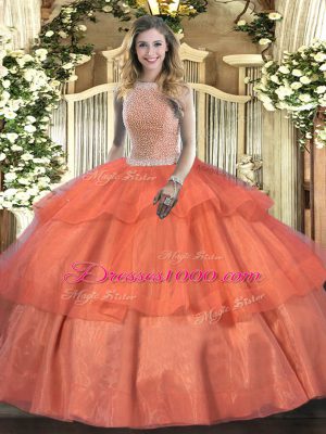 Superior Orange Red Sweet 16 Dress Military Ball and Sweet 16 and Quinceanera with Beading and Ruffled Layers High-neck Sleeveless Lace Up