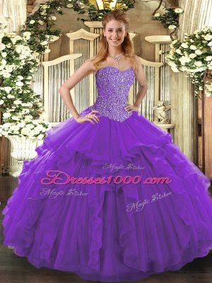 Chic Purple Sleeveless Beading and Ruffles Floor Length Sweet 16 Quinceanera Dress