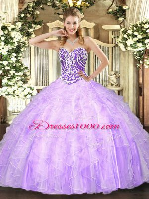 Lavender Tulle Lace Up Quinceanera Dresses Sleeveless Floor Length Beading and Ruffles