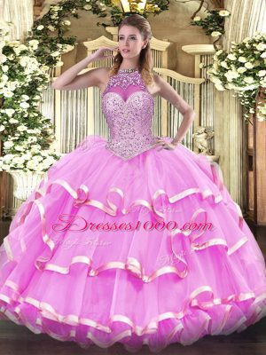Rose Pink Ball Gowns Beading and Ruffled Layers Quinceanera Gowns Lace Up Organza Sleeveless Floor Length