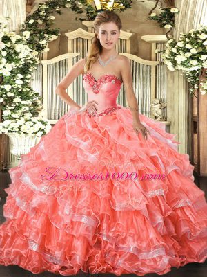 Graceful Floor Length Watermelon Red 15th Birthday Dress Organza Sleeveless Beading and Ruffled Layers
