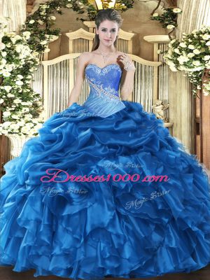Sleeveless Organza Floor Length Lace Up Quinceanera Dress in Blue with Beading and Ruffles and Pick Ups
