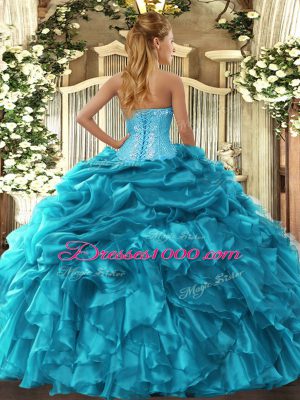 Sleeveless Organza Floor Length Lace Up Quinceanera Dress in Blue with Beading and Ruffles and Pick Ups