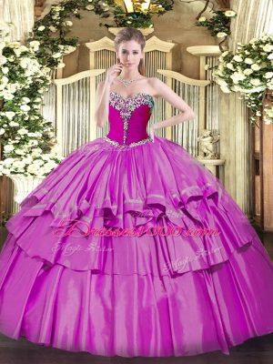 Fantastic Lilac Vestidos de Quinceanera Military Ball and Quinceanera with Beading and Ruffled Layers Sweetheart Sleeveless Lace Up