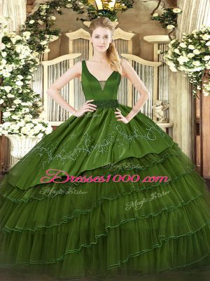 Delicate Floor Length Dark Green Sweet 16 Dresses Organza and Taffeta Sleeveless Beading and Embroidery and Ruffled Layers
