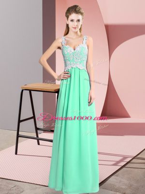 Sleeveless Floor Length Lace Zipper Dress for Prom with Apple Green