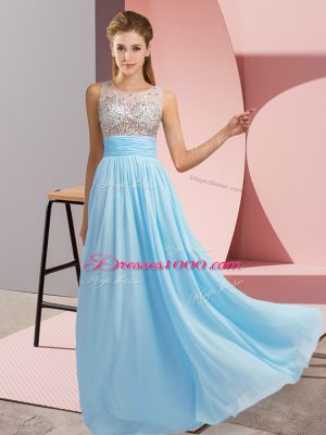 Aqua Blue Empire Beading Prom Gown Side Zipper Chiffon Sleeveless Floor Length