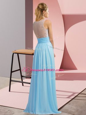 Aqua Blue Empire Beading Prom Gown Side Zipper Chiffon Sleeveless Floor Length