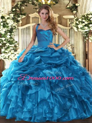 Baby Blue Sleeveless Organza Lace Up Quinceanera Gowns for Military Ball and Sweet 16 and Quinceanera