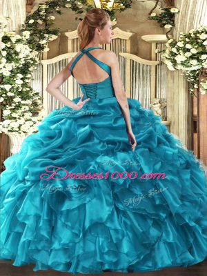 Baby Blue Sleeveless Organza Lace Up Quinceanera Gowns for Military Ball and Sweet 16 and Quinceanera