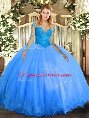 New Arrival Baby Blue Lace Up Scoop Lace Quinceanera Gowns Tulle Long Sleeves