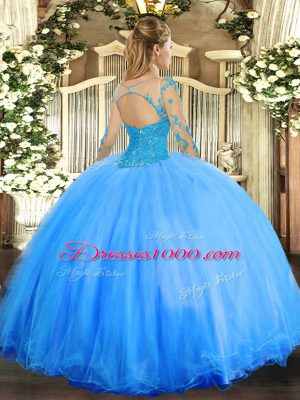 New Arrival Baby Blue Lace Up Scoop Lace Quinceanera Gowns Tulle Long Sleeves