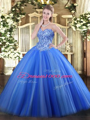 Sophisticated Tulle Sweetheart Sleeveless Lace Up Appliques 15 Quinceanera Dress in Blue