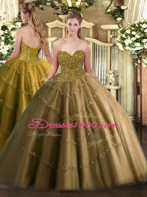 Dramatic Sleeveless Tulle Floor Length Lace Up Quinceanera Dresses in Brown with Appliques