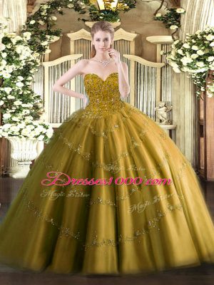 Dramatic Sleeveless Tulle Floor Length Lace Up Quinceanera Dresses in Brown with Appliques
