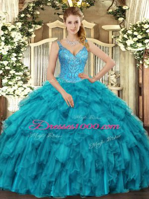 Low Price Teal Organza Lace Up V-neck Sleeveless Floor Length Quinceanera Gowns Beading and Ruffles