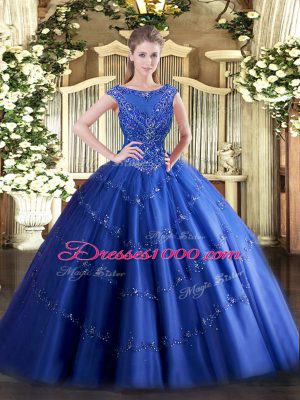 Modern Blue Ball Gowns Scoop Sleeveless Tulle Floor Length Zipper Beading and Appliques Quinceanera Gowns