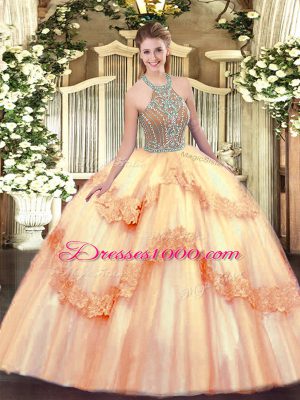 Eye-catching Ball Gowns Ball Gown Prom Dress Peach Halter Top Tulle Sleeveless Floor Length Lace Up